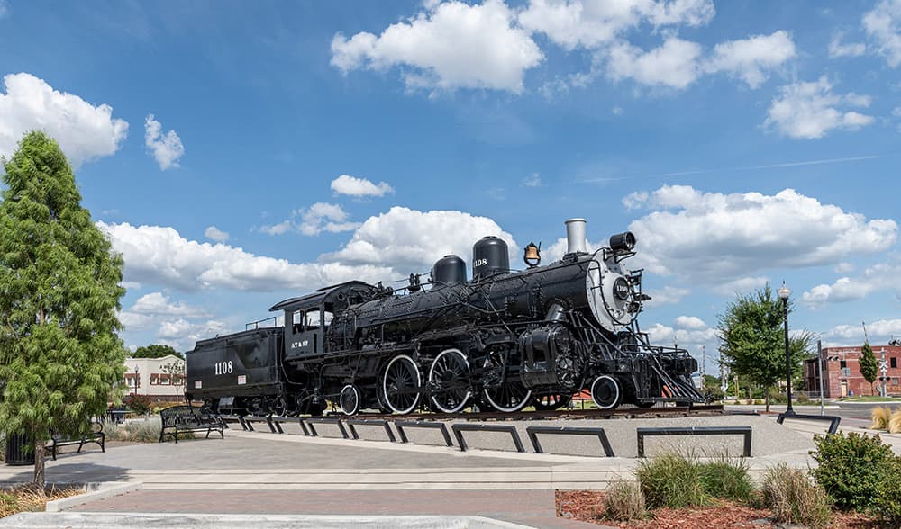 The restored Mercy Train locomotive displayed at Depot Park in Ardmore
