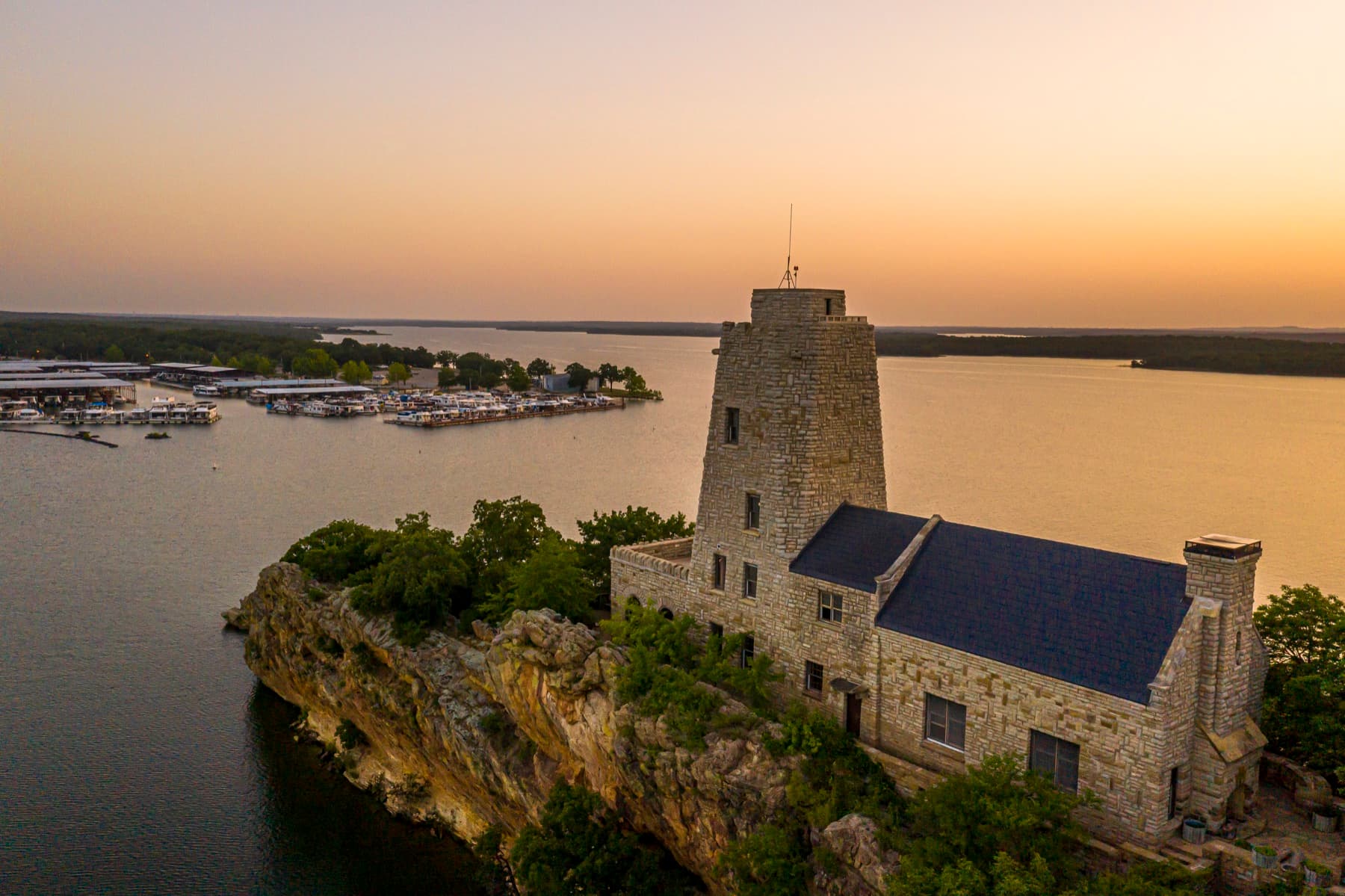 Tucker Tower overlooking Lake Murray at sunset